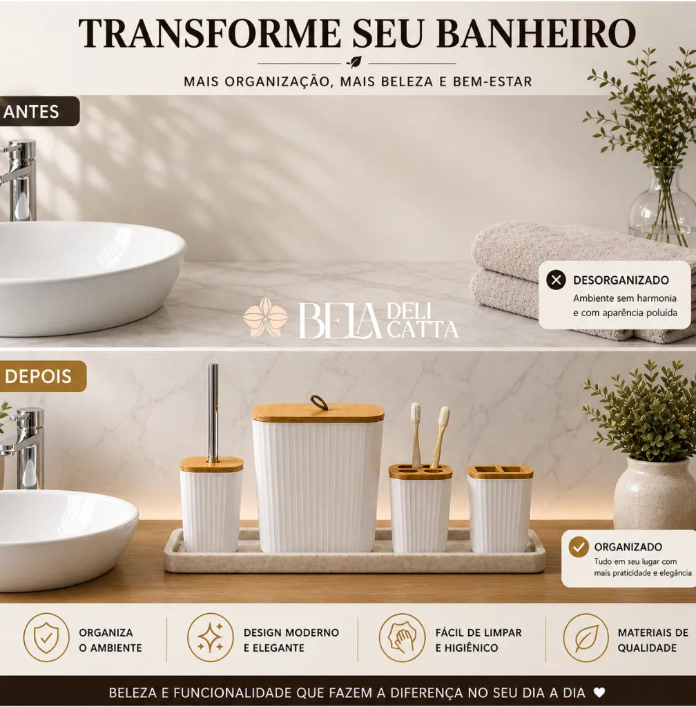 Kit Banheiro 4 Peças com Tampa de Bambu – Organização e Sofisticação para Seu Espaço