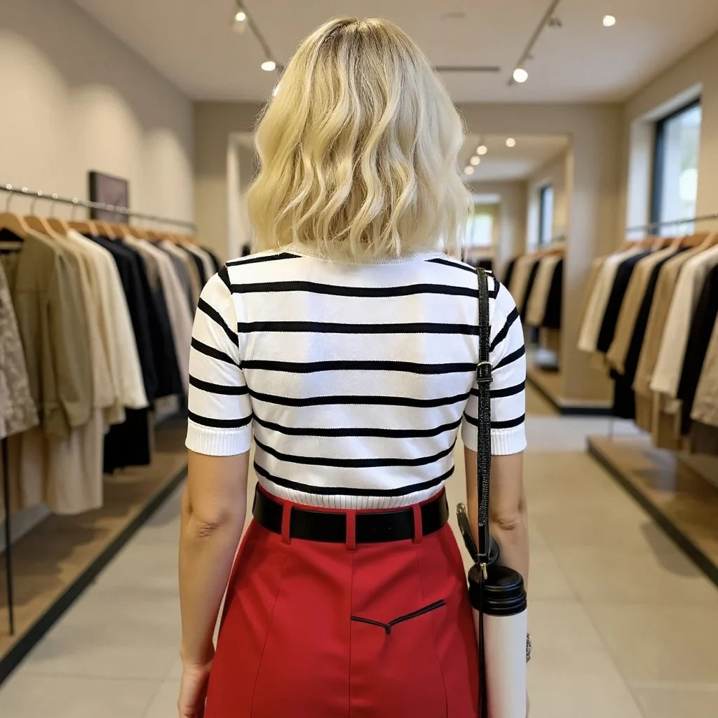 Blusa modal listrada vista de costas com detalhe no caimento e listras alinhadas”