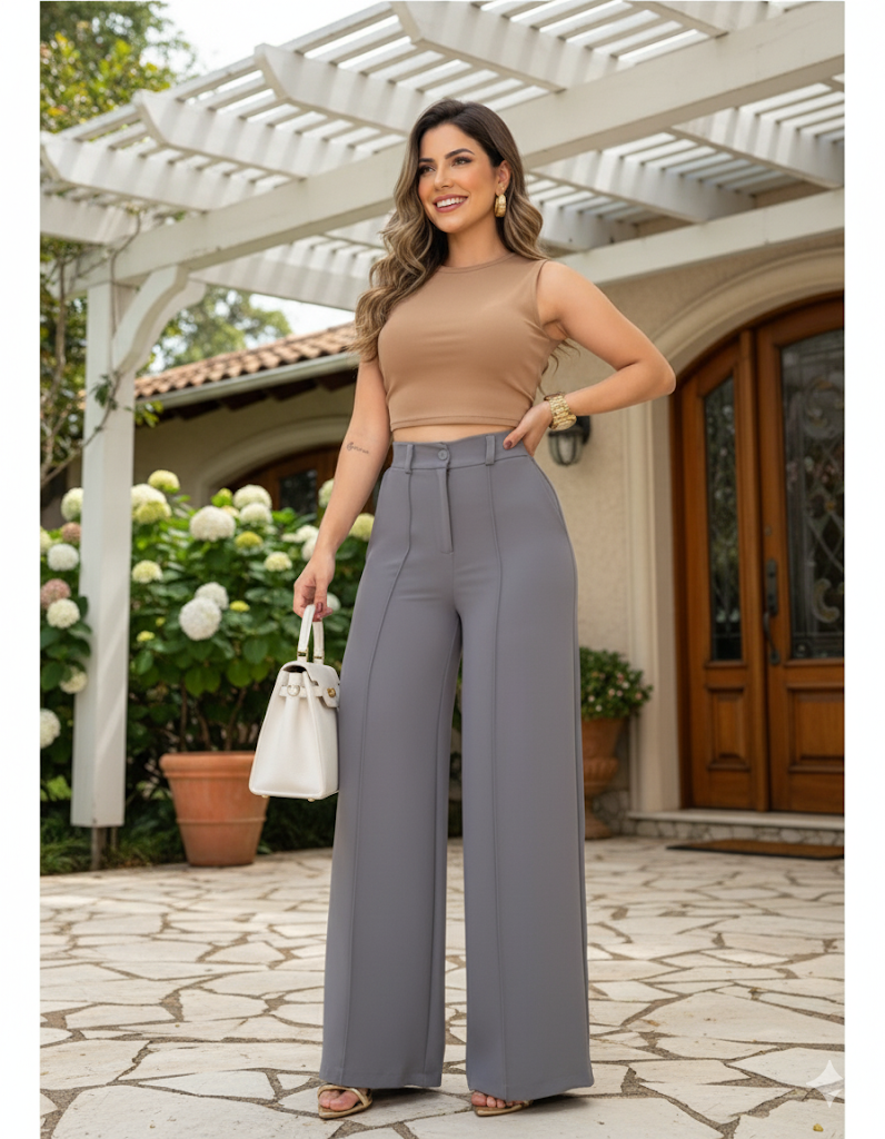 Calça Pantalona Feminina Duna com Forro e Botão