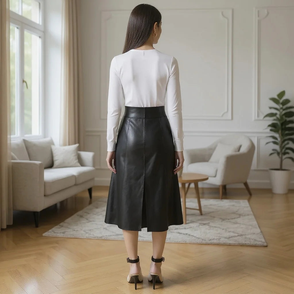 Saia Midi Godê Feminina em Couro Fake Cirrê – Cintura Alta e Elegância