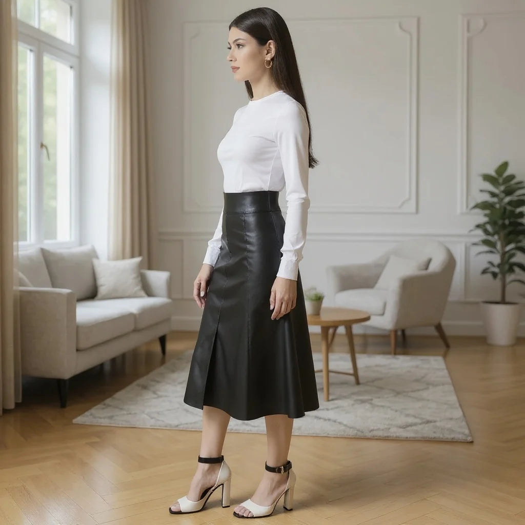 Saia Midi Godê Feminina em Couro Fake Cirrê – Cintura Alta e Elegância