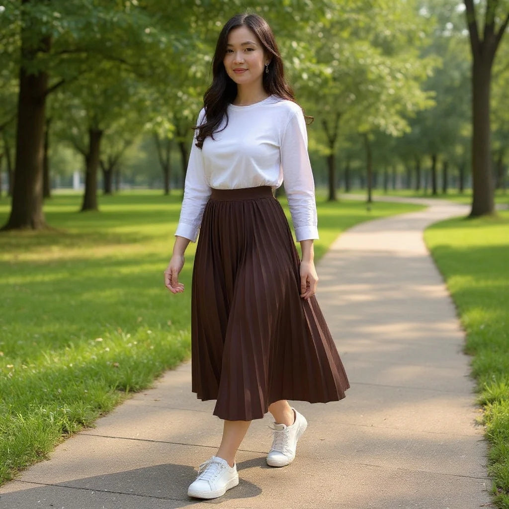 Saia Midi Plissada Feminina Cintura Alta Elegante