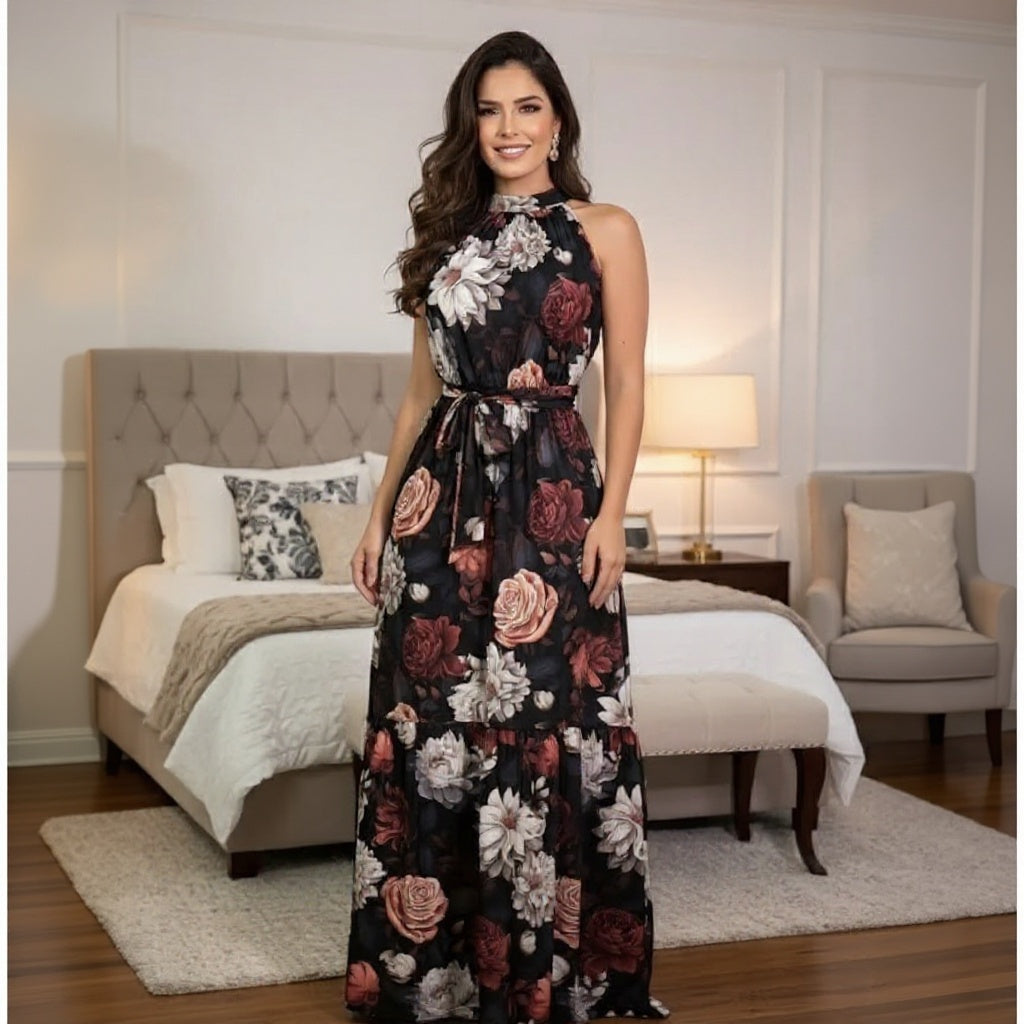 Vestido Longo Floral Gola Alta Seda Crepe Verão