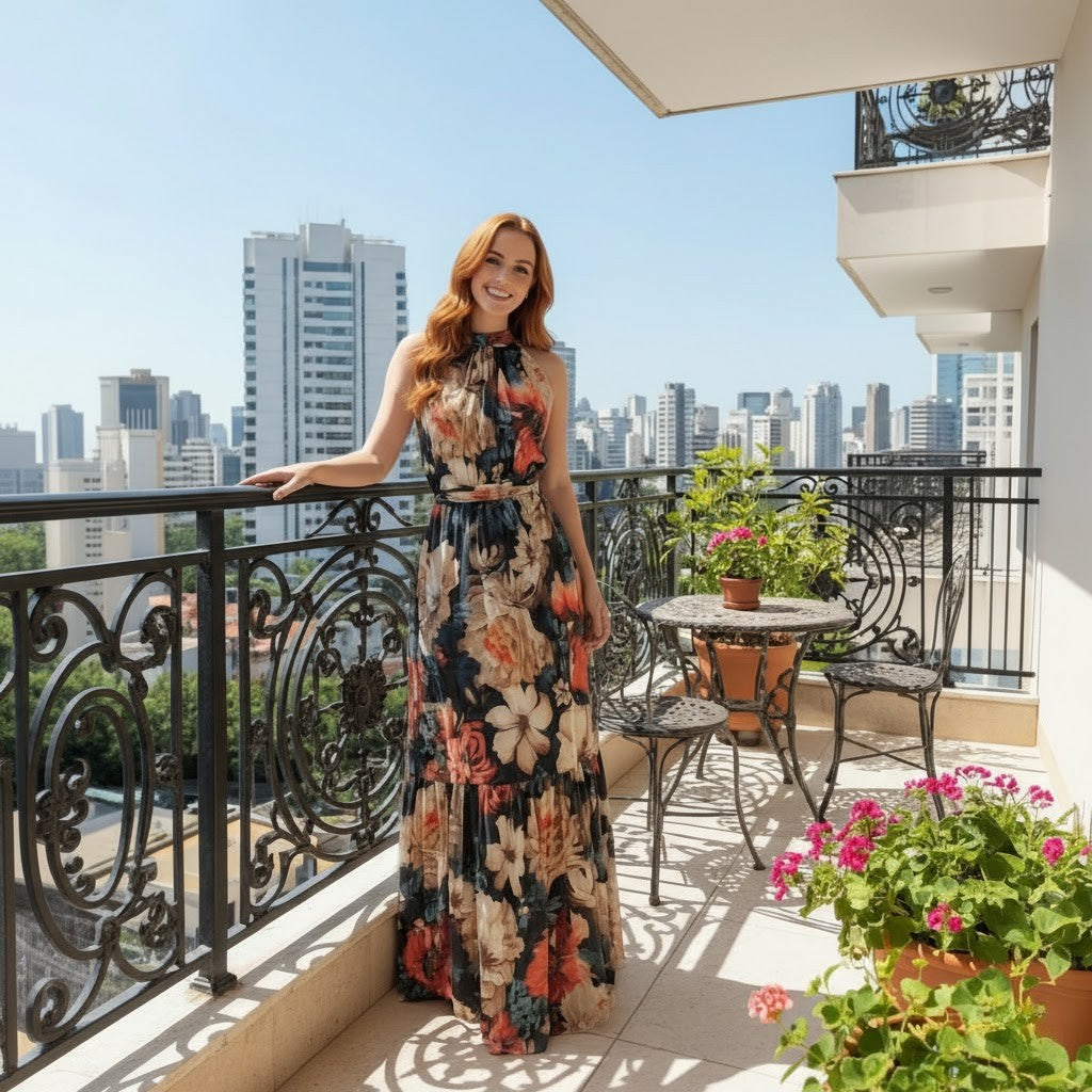 Vestido Longo Floral Gola Alta Seda Crepe Verão