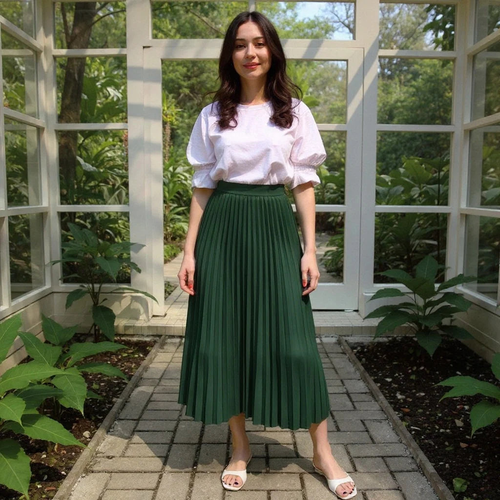 Saia Midi Plissada Feminina Cintura Alta Elegante