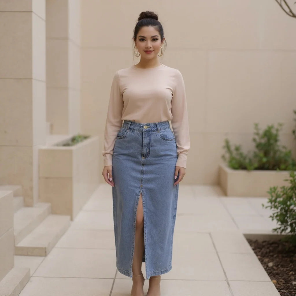 Saia Jeans Midi Longa Feminina Cintura Alta com Fenda