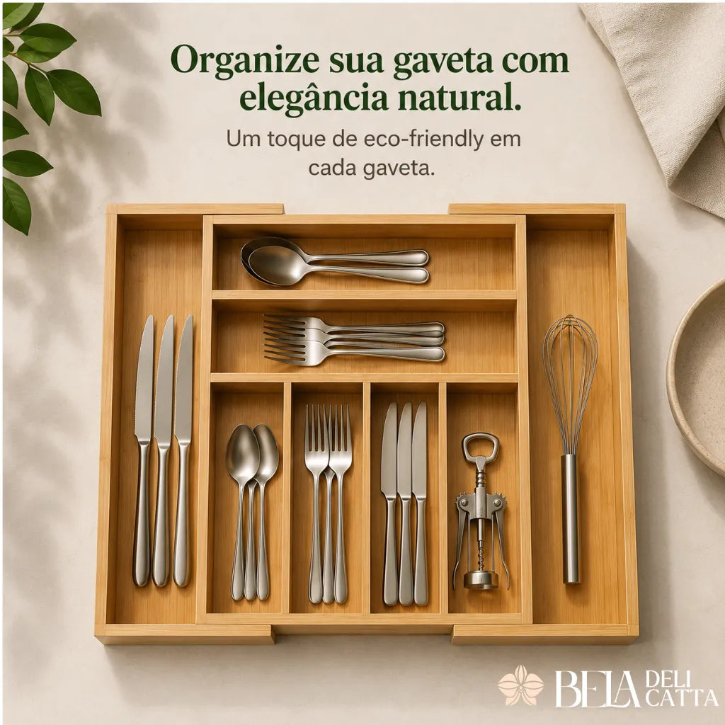 Organizador de Talheres Expansível em Bambu - Gaveta Organizada em Segundos