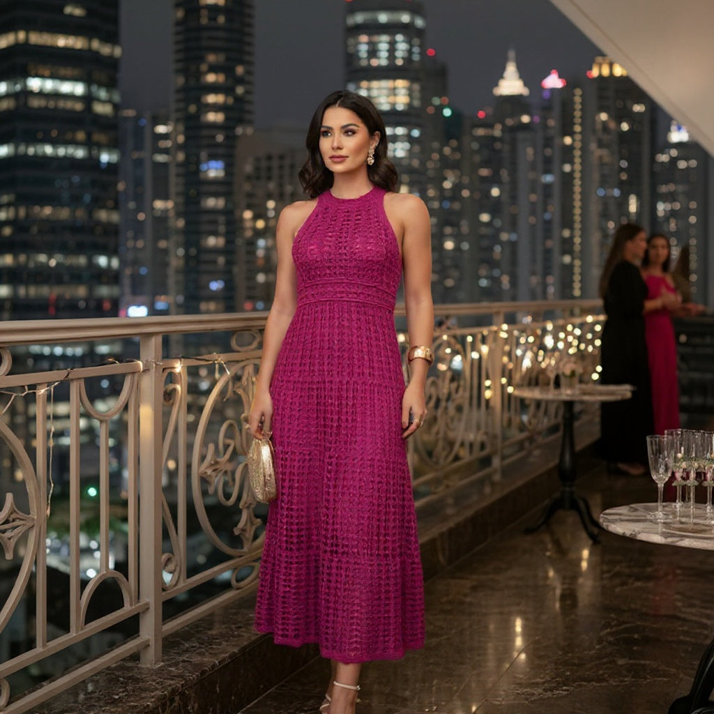 Vestido Midi Tricô Renda com Forro – Elegante e Versátil