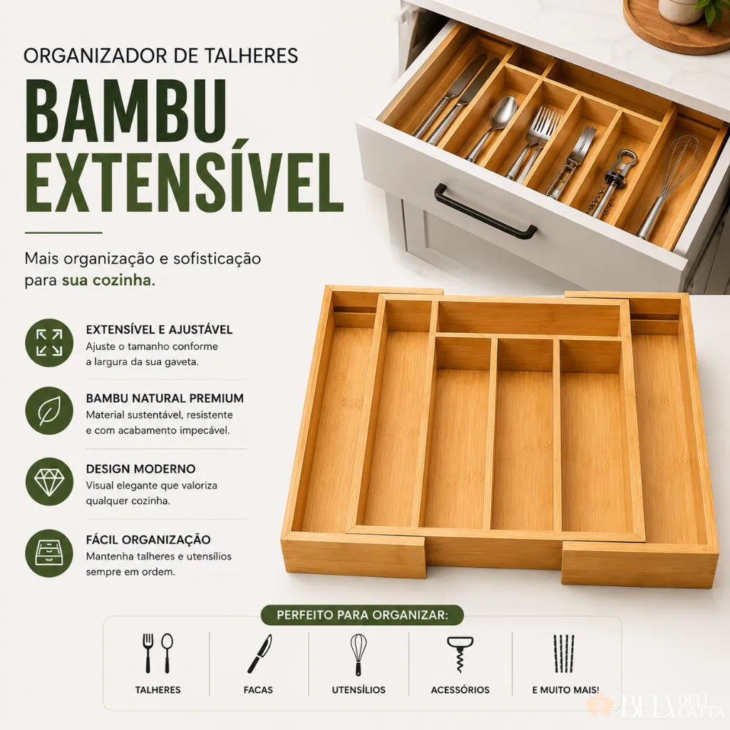 Organizador de Talheres Expansível em Bambu - Gaveta Organizada em Segundos