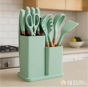 Kit Utensílios de Cozinha 19 Peças em Silicone com Facas - Preço Promocional!!!! - Bela Delicatta