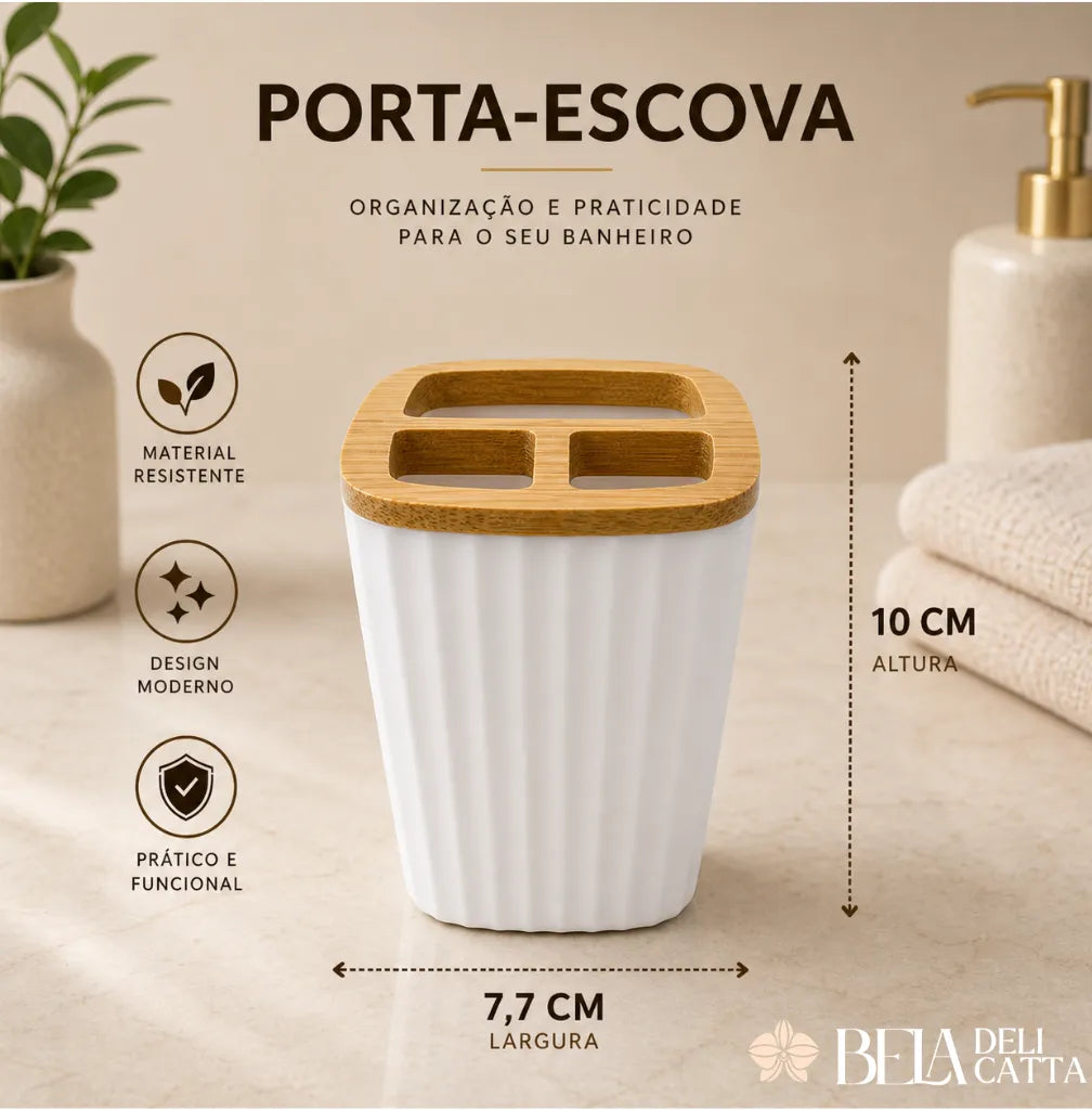 Kit Banheiro 4 Peças com Tampa de Bambu – Organização e Sofisticação para Seu Espaço