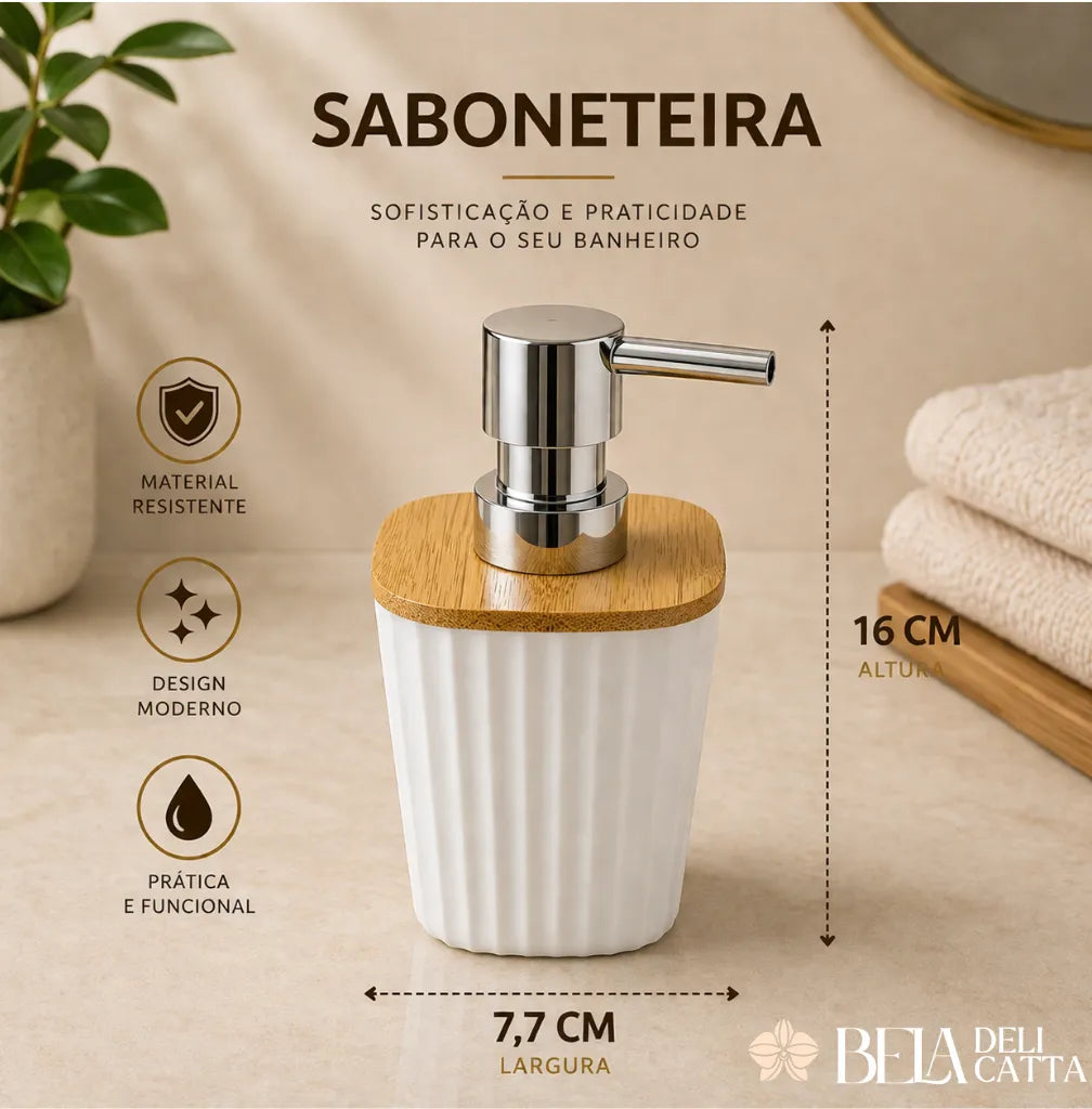 Kit Banheiro 4 Peças com Tampa de Bambu – Organização e Sofisticação para Seu Espaço