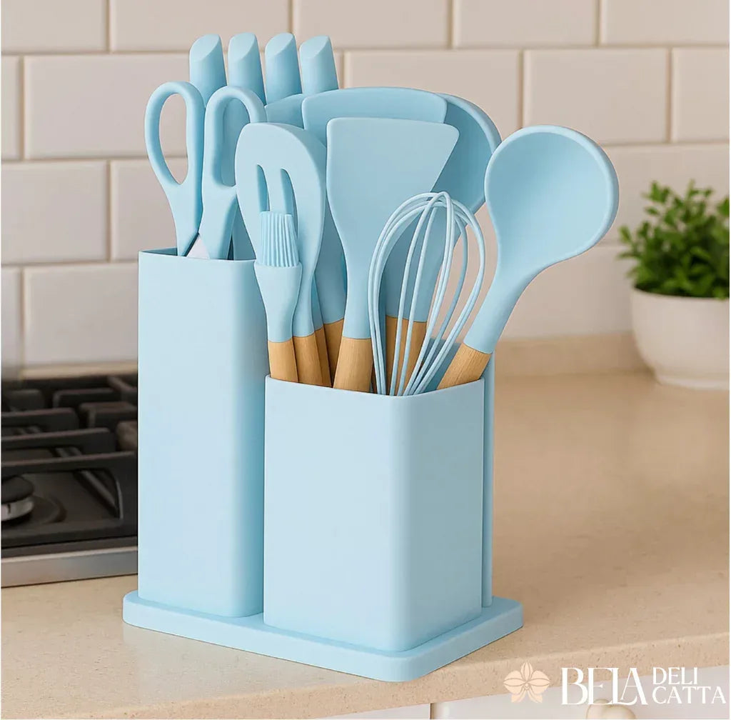 Kit Utensílios de Cozinha 19 Peças em Silicone com Facas - Preço Promocional!!!! - Bela Delicatta