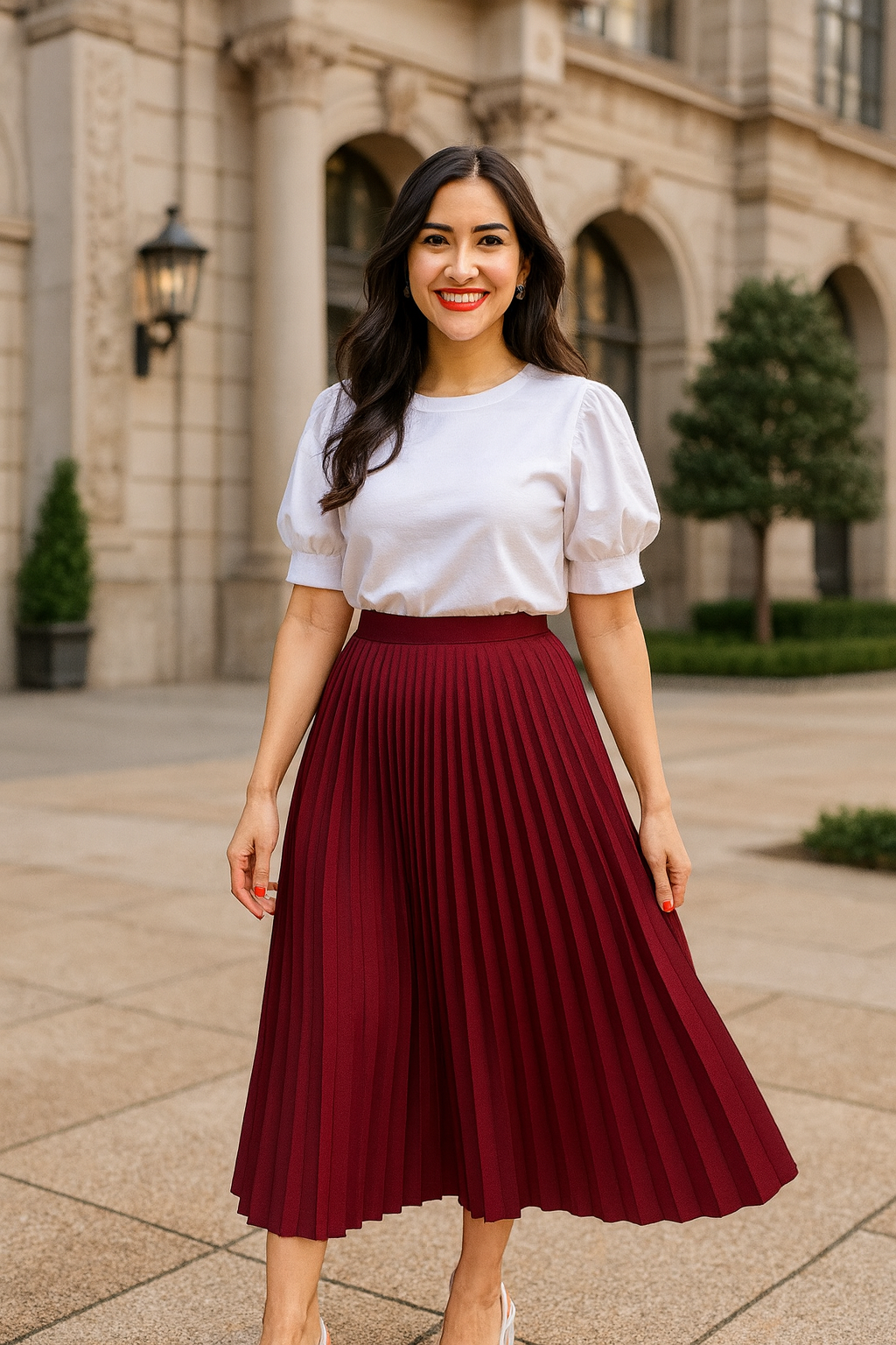 Saia Midi Plissada Feminina Cintura Alta Elegante