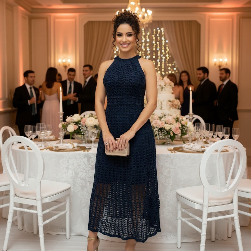 Vestido Midi Tricô Renda com Forro – Elegante e Versátil