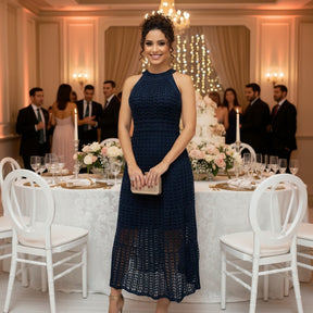Vestido Midi Tricô Renda com Forro – Elegante e Versátil