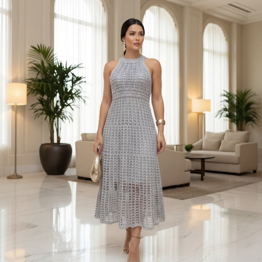 Vestido Midi Tricô Renda com Forro – Elegante e Versátil