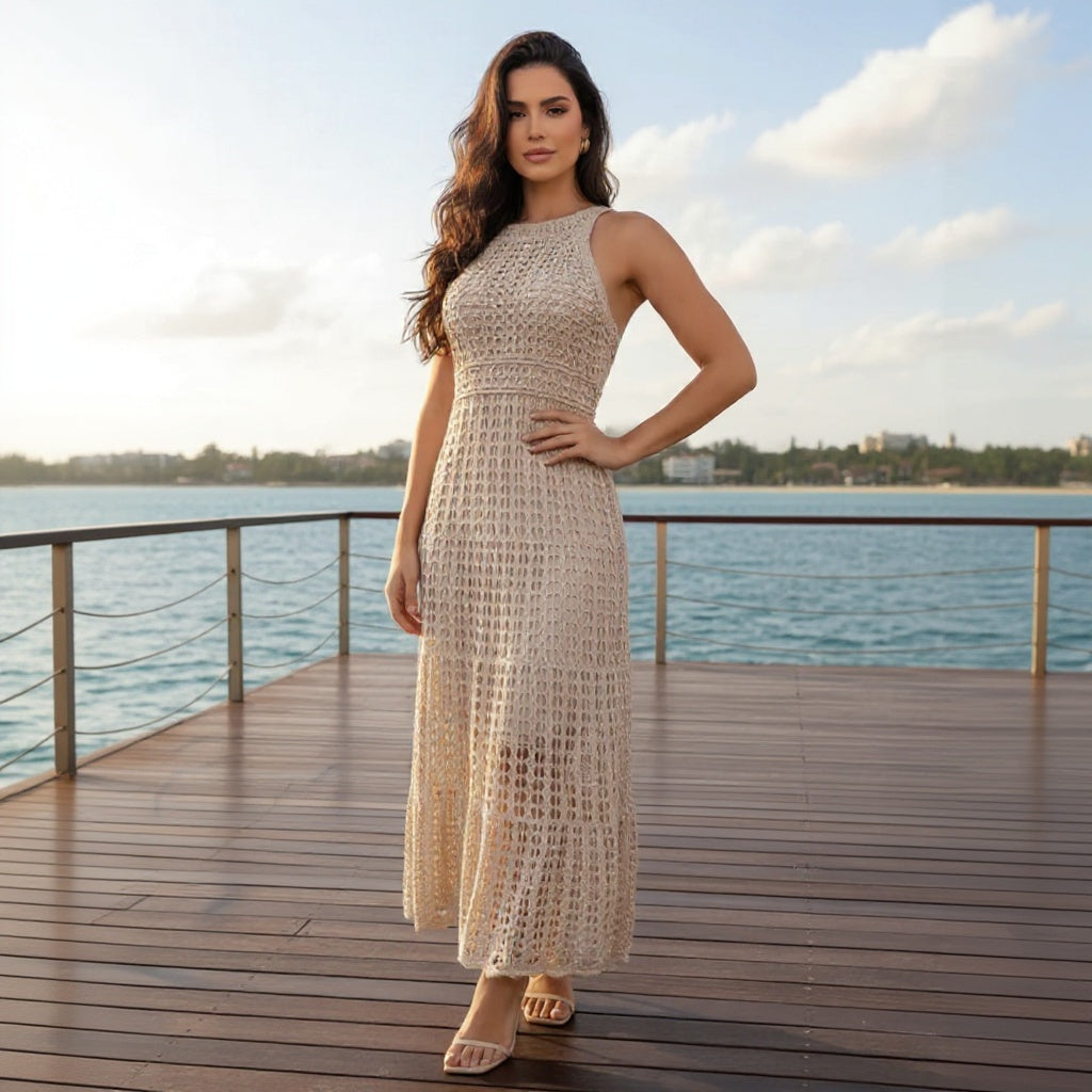 Vestido Midi Tricô Renda com Forro – Elegante e Versátil