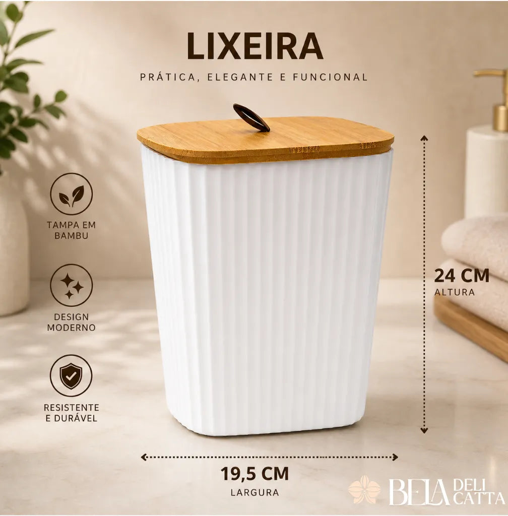 Kit Banheiro 4 Peças com Tampa de Bambu – Organização e Sofisticação para Seu Espaço