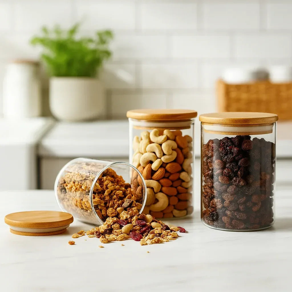 Kit Potes de vidro com tampa de bambu hermética - EcoGlass + Brinde!!!!! - Bela Delicatta