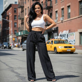 Calça Pantalona Wide Leg Feminina Cintura Alta com Bolsos