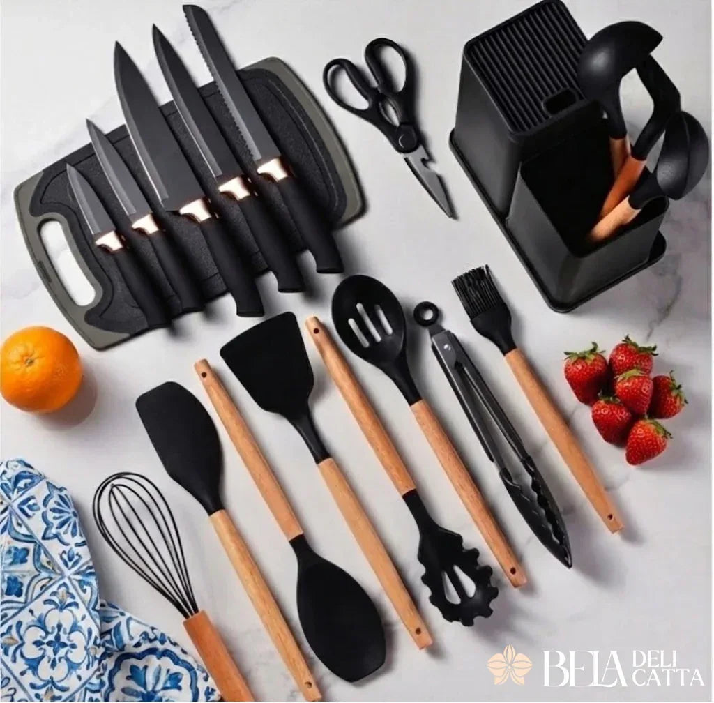 Kit Utensílios de Cozinha 19 Peças em Silicone com Facas - Preço Promocional!!!! - Bela Delicatta