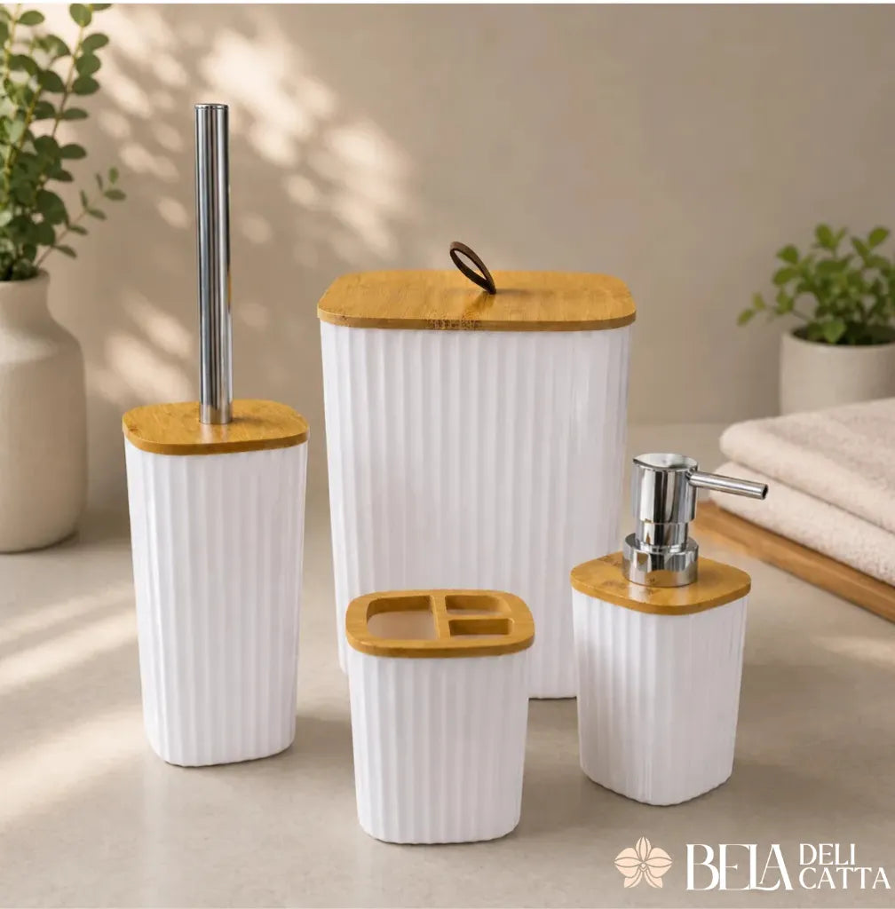 Kit Banheiro 4 Peças com Tampa de Bambu – Organização e Sofisticação para Seu Espaço