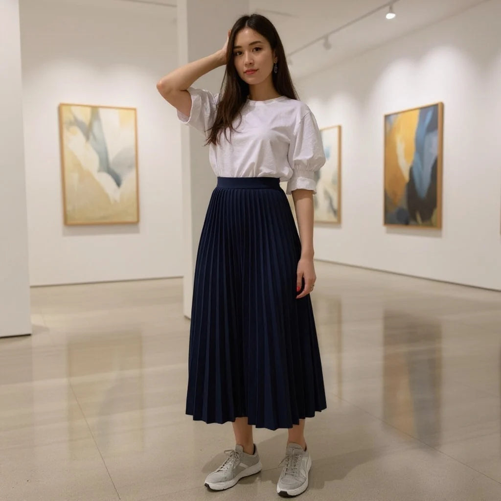 Saia Midi Plissada Feminina Cintura Alta Elegante