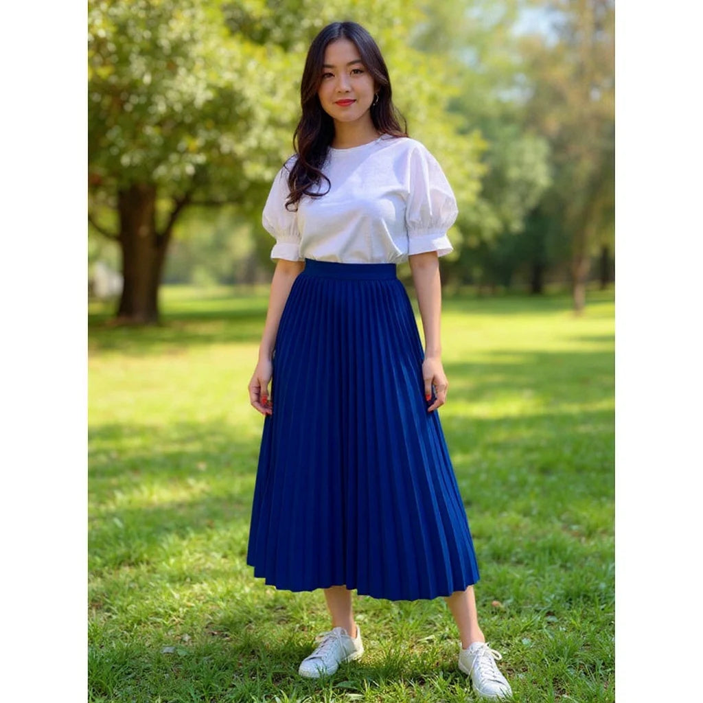 Saia Midi Plissada Feminina Cintura Alta Elegante