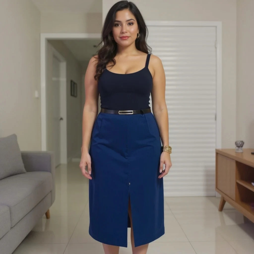Saia Midi Alfaiataria com Cinto e Fenda Feminina