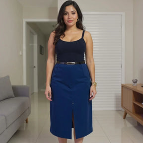 Saia Midi Alfaiataria com Cinto e Fenda Feminina