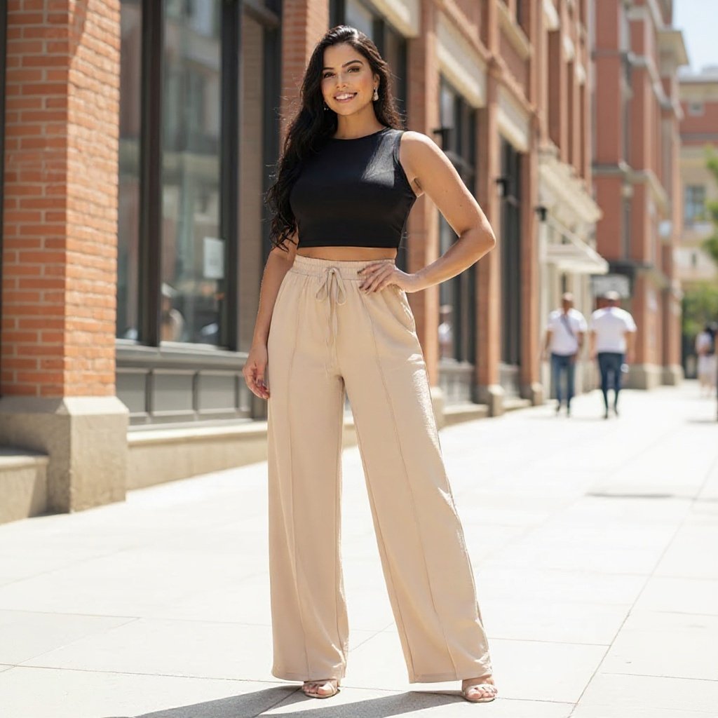 Calça Pantalona Wide Leg Feminina Cintura Alta com Bolsos