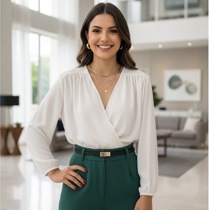 Blusa Transpassada Feminina Manga Longa com Corte V Elegante