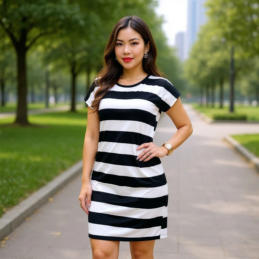 Vestido Curto Feminino Listrado Malha Fria