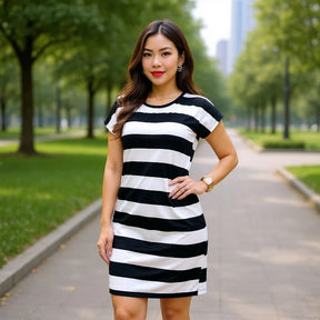 Vestido Curto Feminino Listrado Malha Fria
