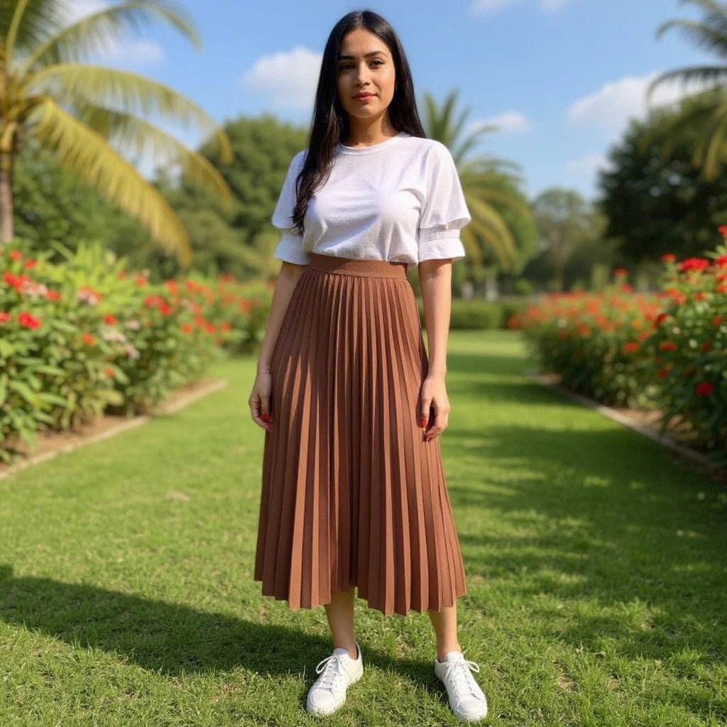 Saia Midi Plissada Feminina Cintura Alta Elegante