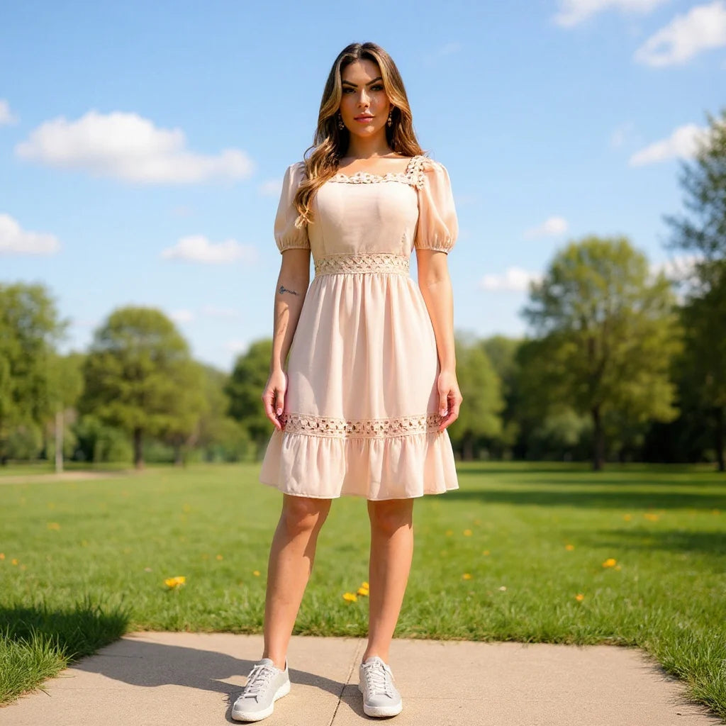 Vestido Feminino Curto Manga Bufante com Bojo