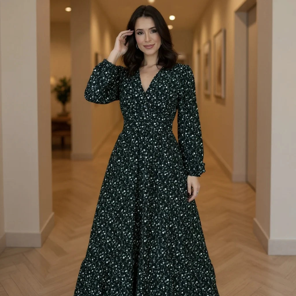 Vestido Longo Floral Manga Longa Outono Inverno