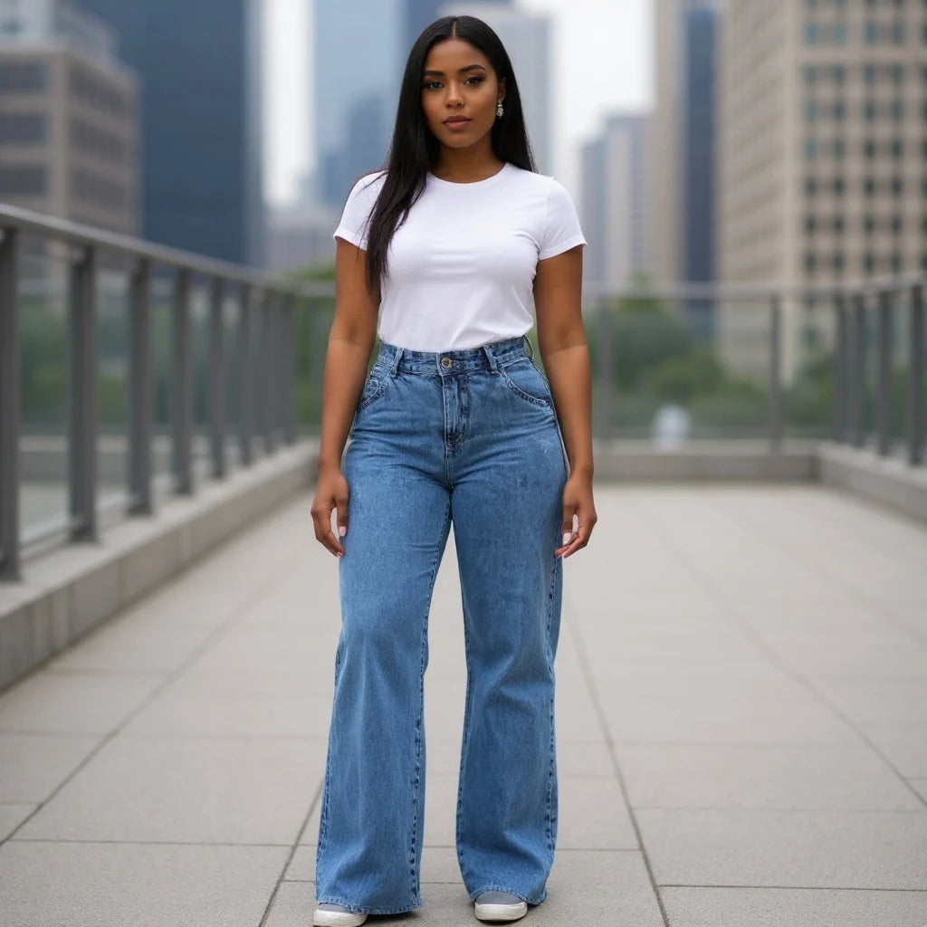 Calça Jeans Premium Feminina Wide Leg Marmorizada