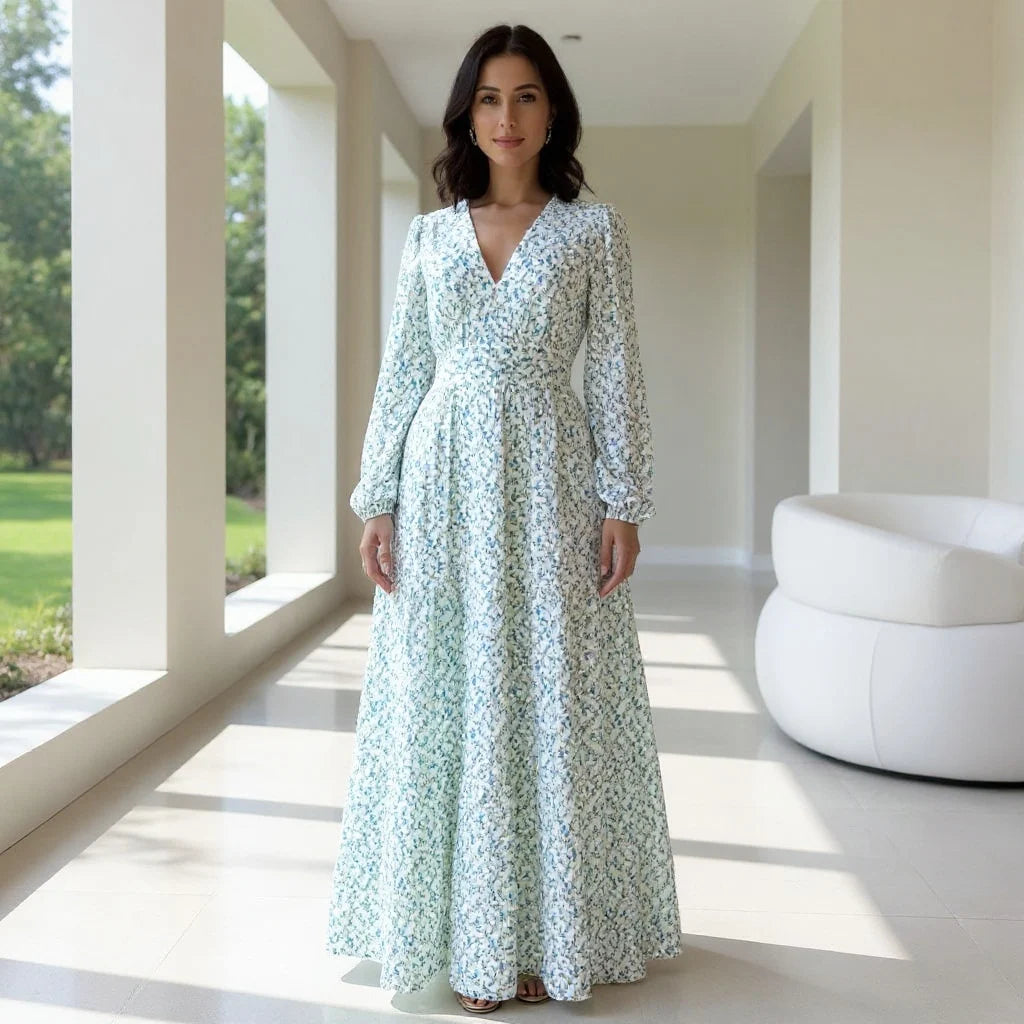 Vestido Longo Floral Manga Longa Outono Inverno