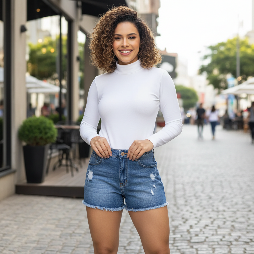 Short Jeans Feminino Cintura Alta Marmorizado 100% Algodão
