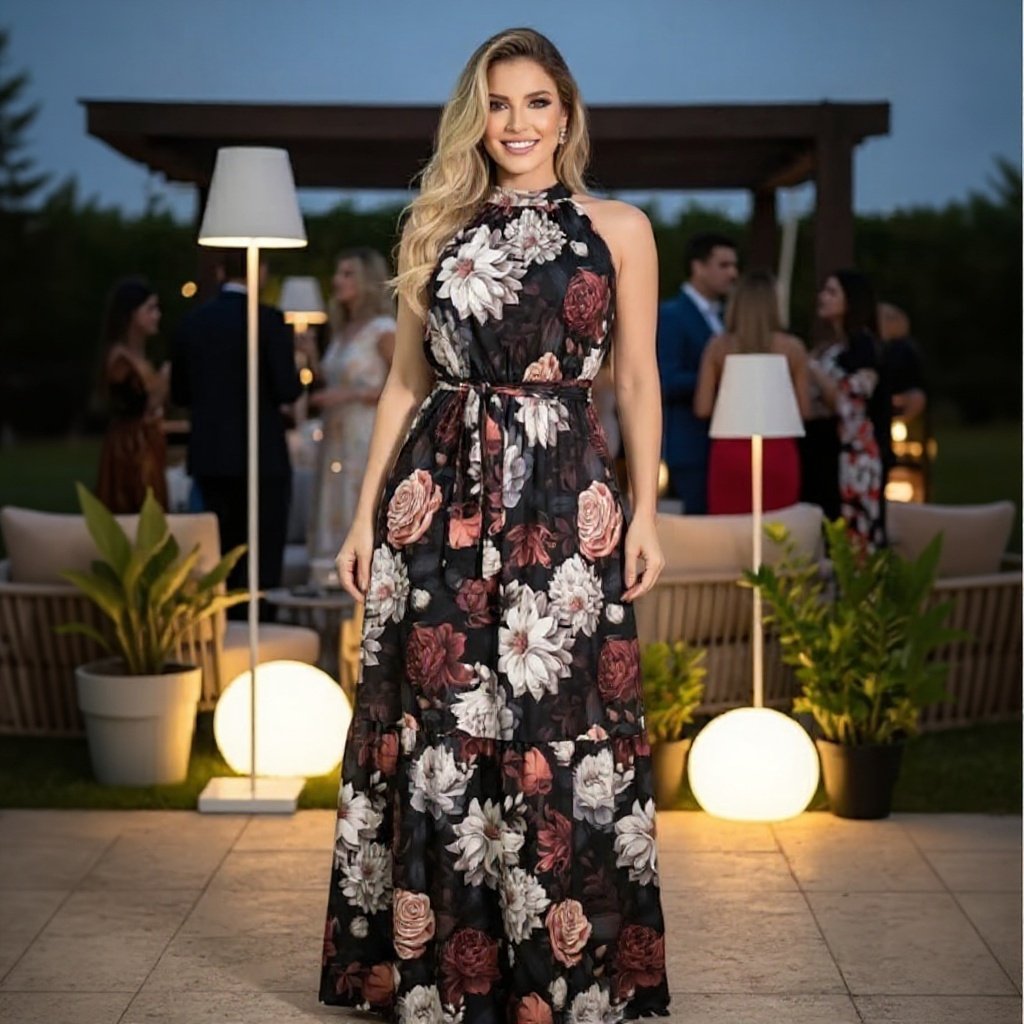 Vestido Longo Floral Gola Alta Seda Crepe Verão