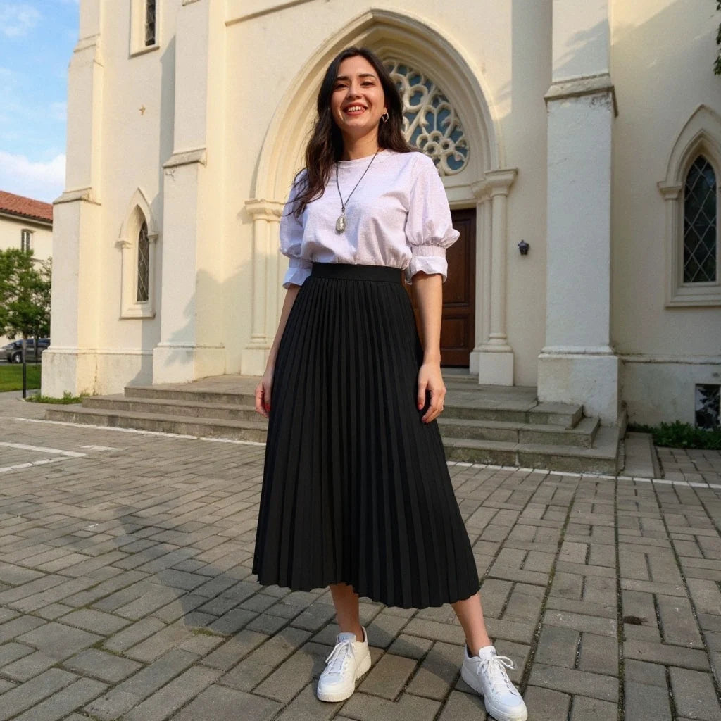Saia Midi Plissada Feminina Cintura Alta Elegante