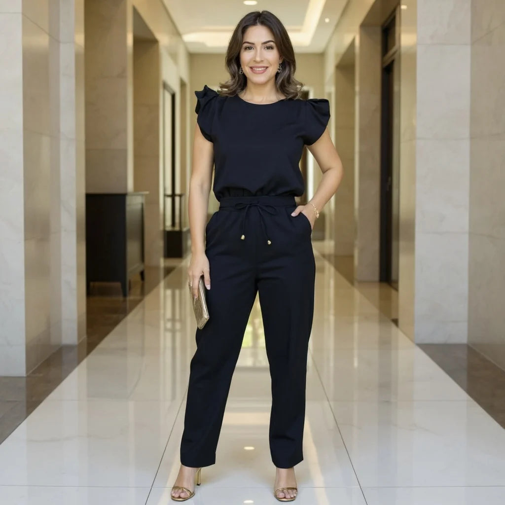 Conjunto Feminino Elegante em Linho com Babado