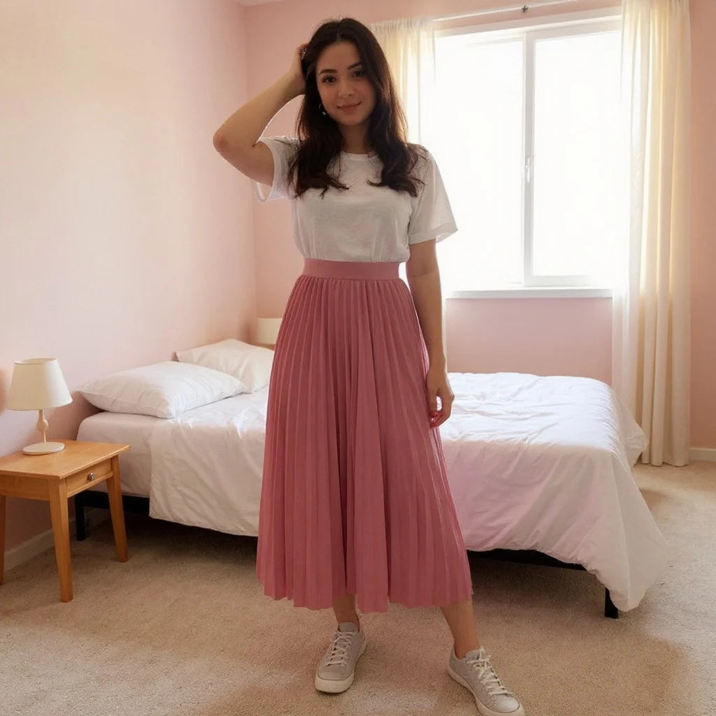 Saia Midi Plissada Feminina Cintura Alta Elegante