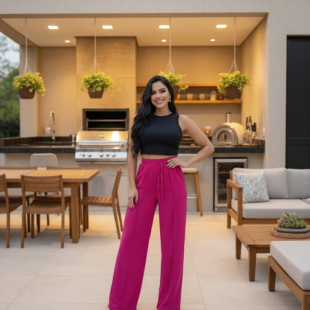 Calça Pantalona Wide Leg Feminina Cintura Alta com Bolsos