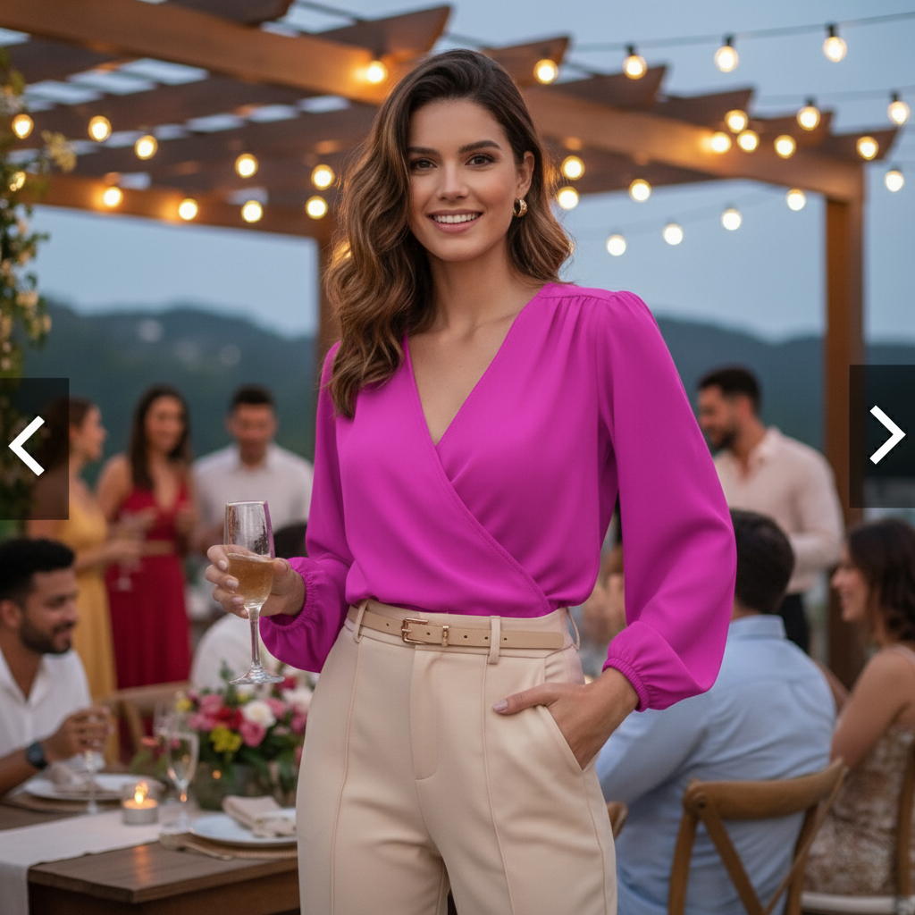 Blusa Transpassada Feminina Manga Longa com Corte V Elegante
