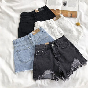 Calça jeans rasgada de cintura alta feminina, calção jeans coreana, moda verão, casual, borla de bolso, calça Y2K quente, calça azul, moda verão