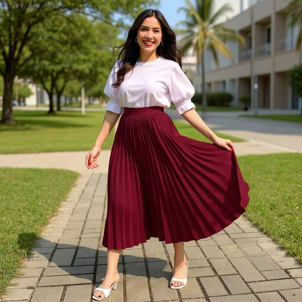 Saia Midi Plissada Feminina Cintura Alta Elegante