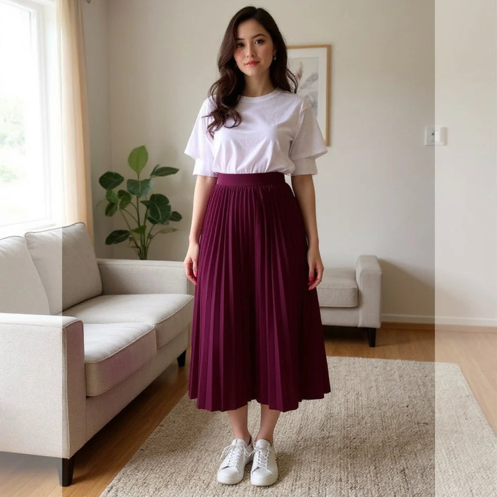 Saia Midi Plissada Feminina Cintura Alta Elegante